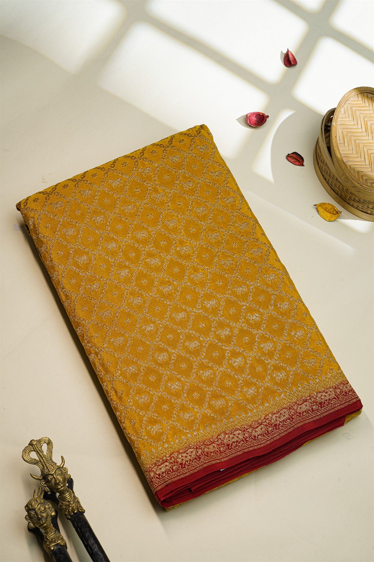 Banarasi Kaddi Georgette Mustard Saree With Florals And Pichwai Cows In Cross Checks Body