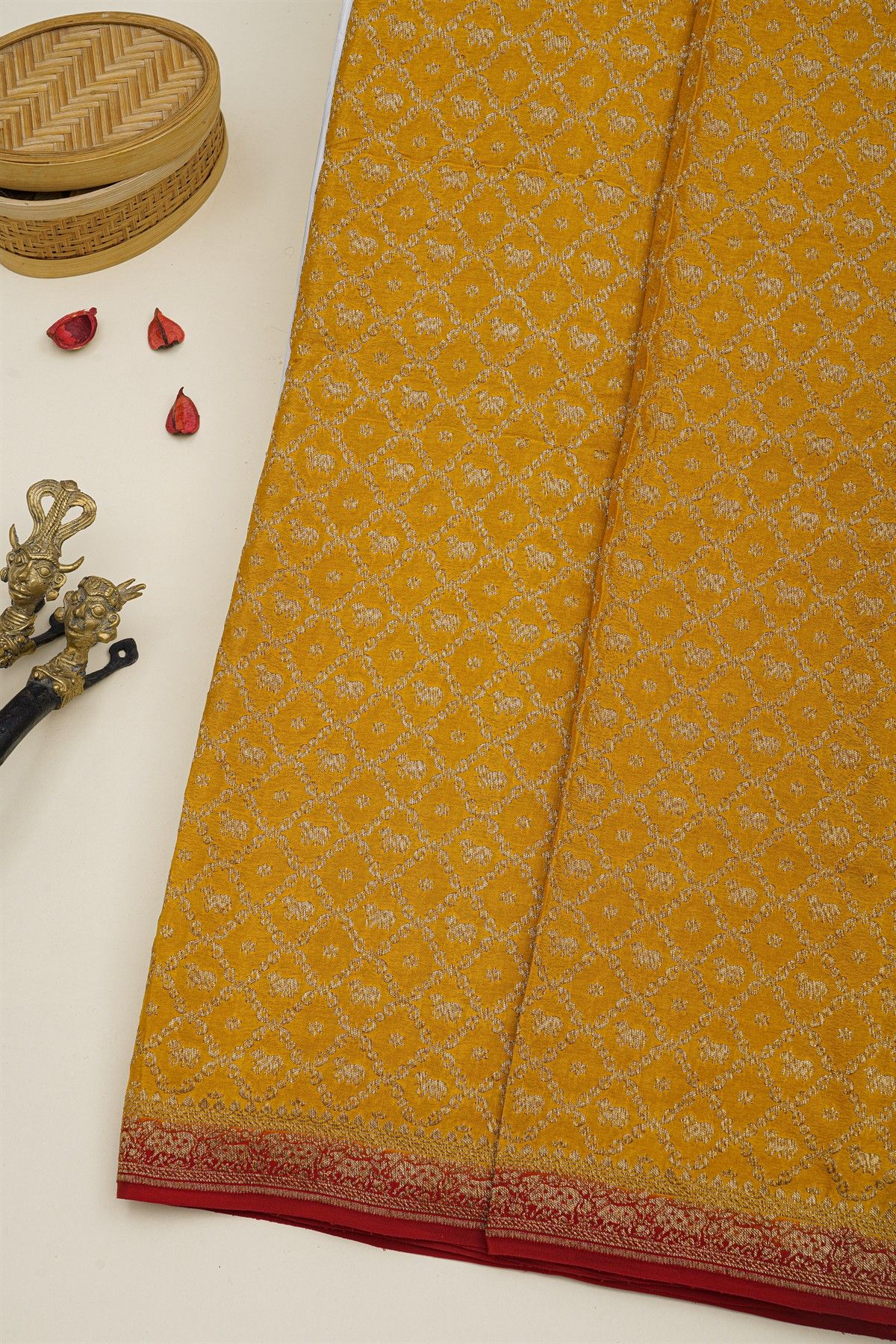 Banarasi Kaddi Georgette Mustard Saree With Florals And Pichwai Cows In Cross Checks Body