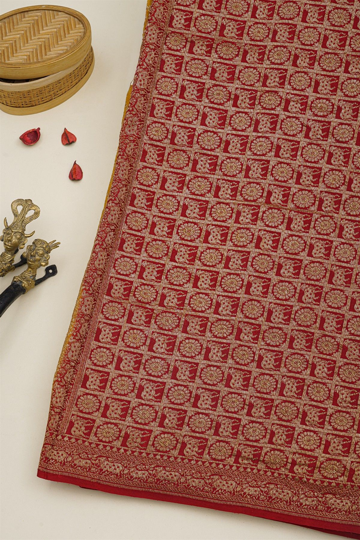 Banarasi Kaddi Georgette Mustard Saree With Florals And Pichwai Cows In Cross Checks Body