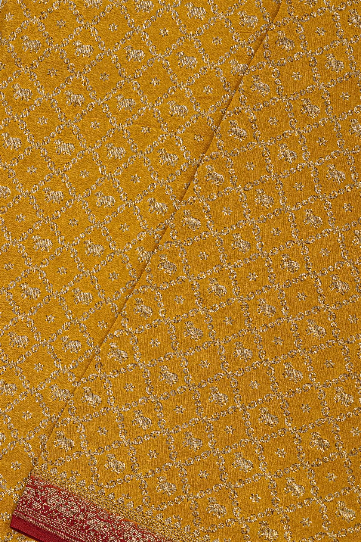 Banarasi Kaddi Georgette Mustard Saree With Florals And Pichwai Cows In Cross Checks Body