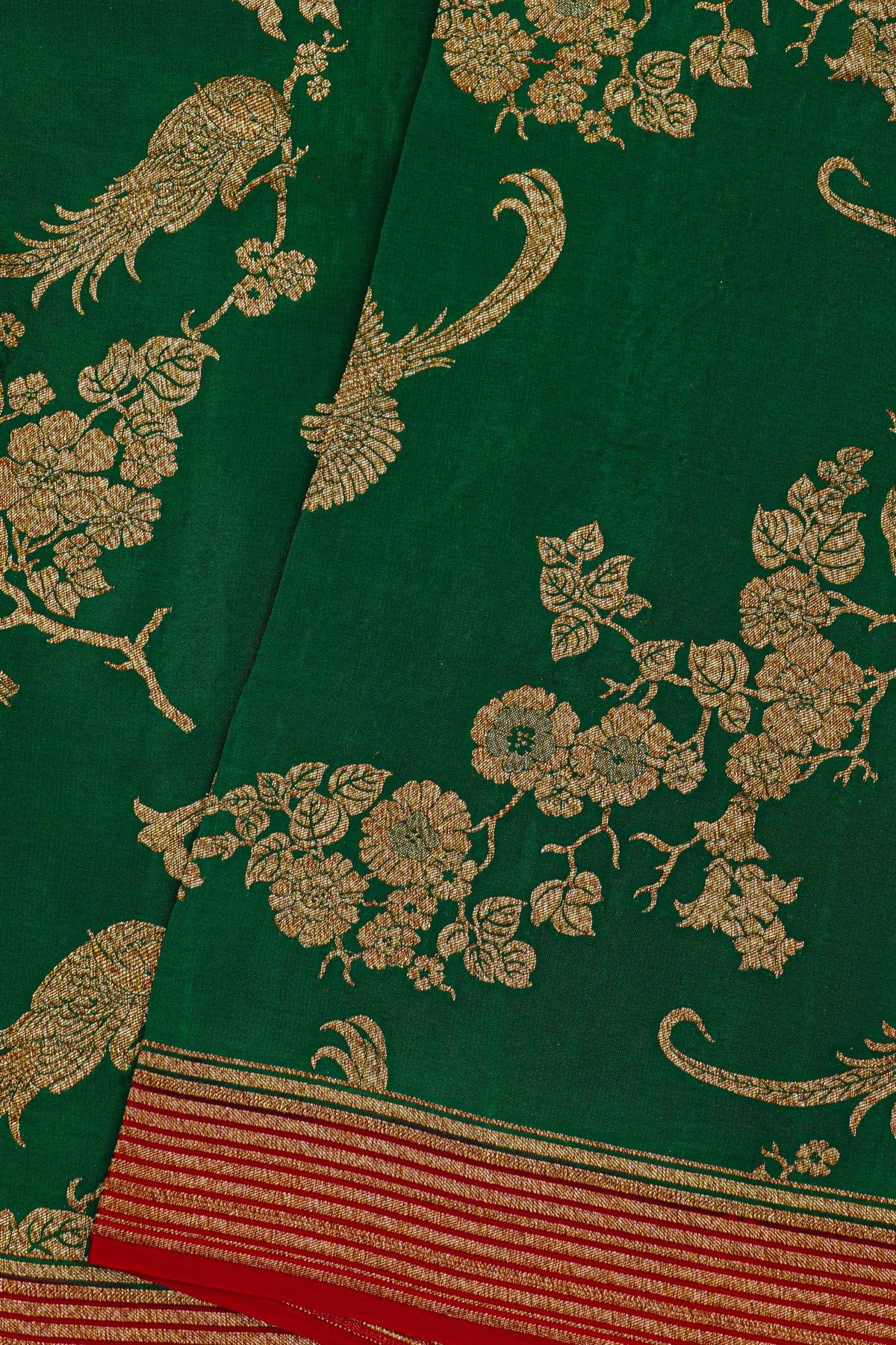 Fancy Georgette Bottle Green Saree With Florals And Leaves With Birds Body And Contrast Kaddi Border