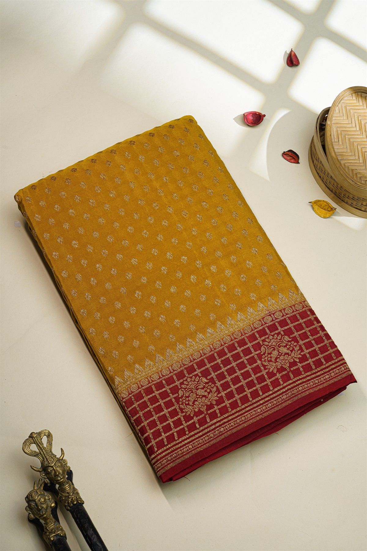 Banarasi Kaddi Georgette Mustard Saree With Floral Buttis Body