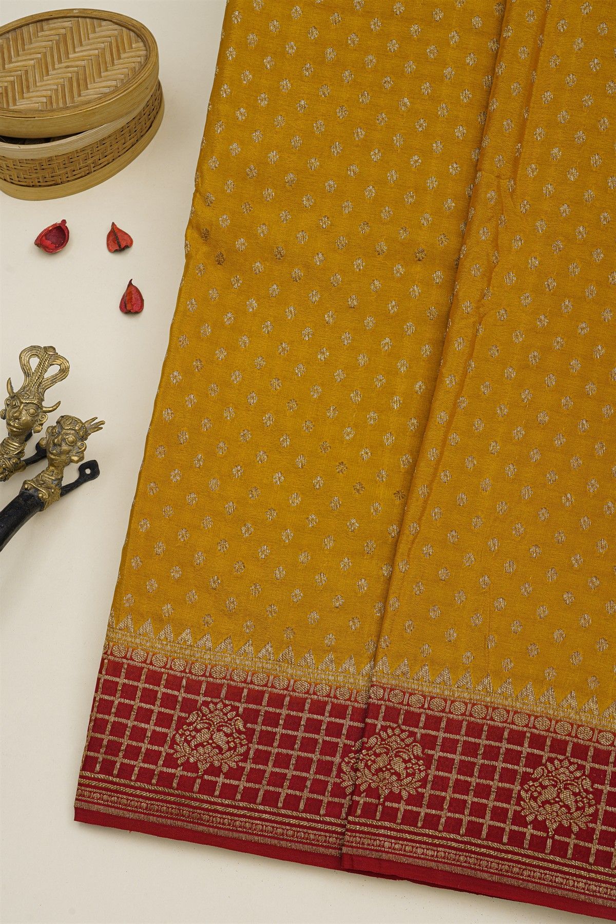 Banarasi Kaddi Georgette Mustard Saree With Floral Buttis Body