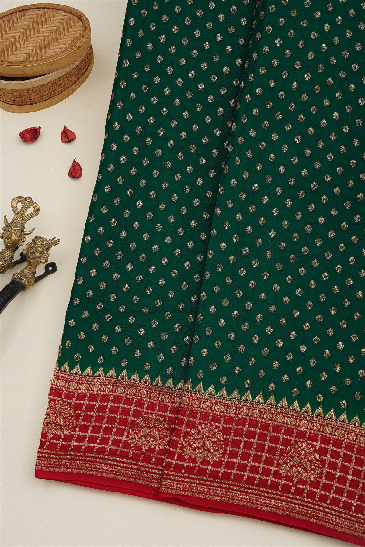 Banarasi Kaddi Georgette Bottle Green Saree With Floral Buttis Body