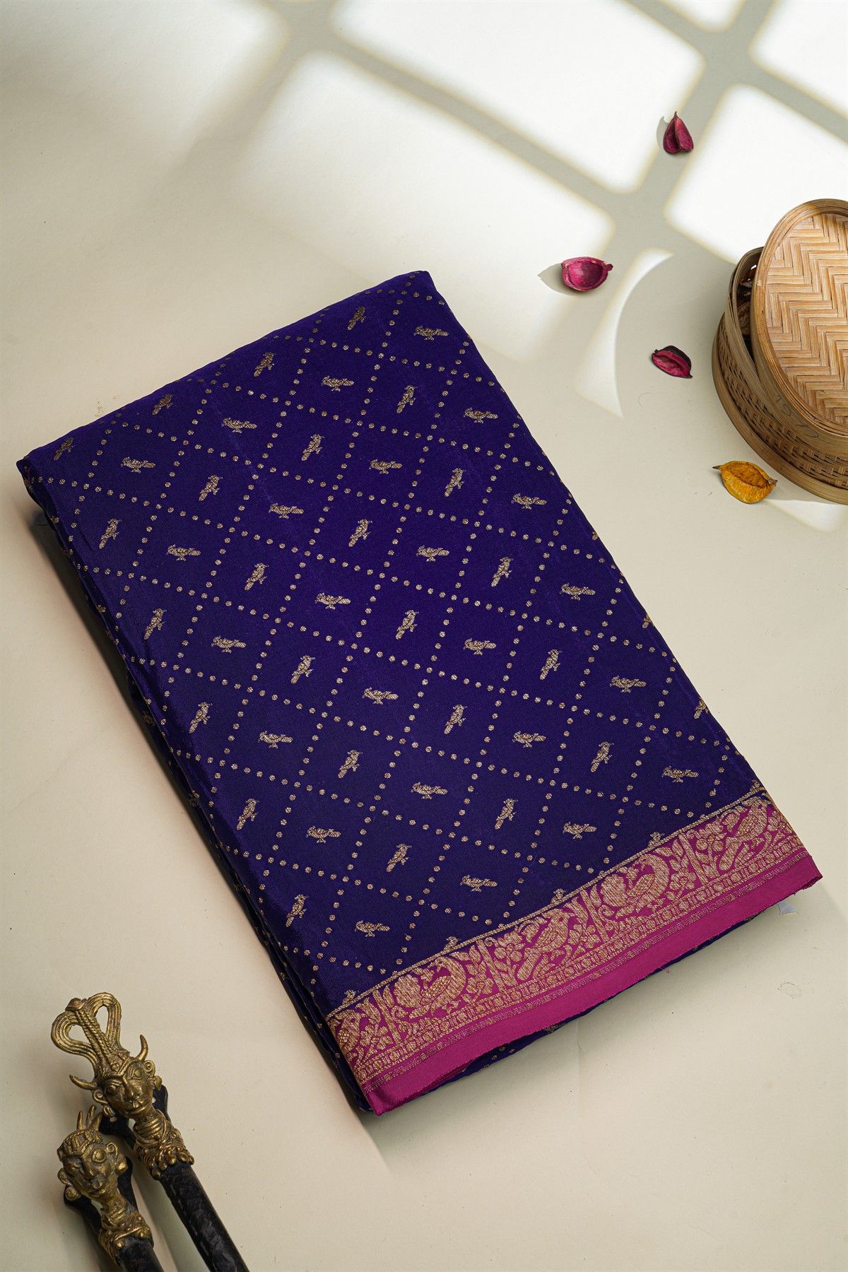 Banarasi Kaddi Georgette Navy Blue Saree With Birds In Cross Checks Body