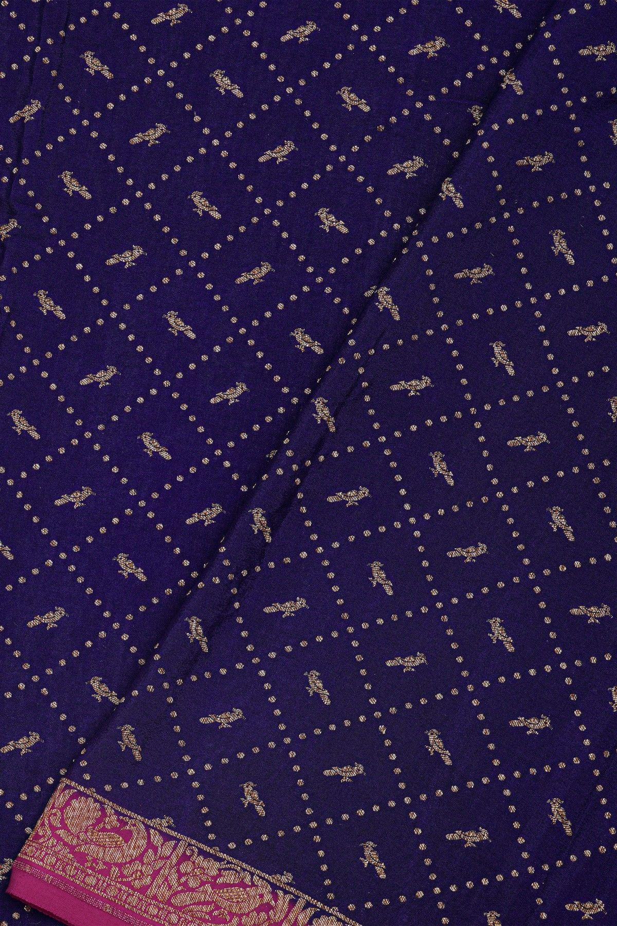 Banarasi Kaddi Georgette Navy Blue Saree With Birds In Cross Checks Body