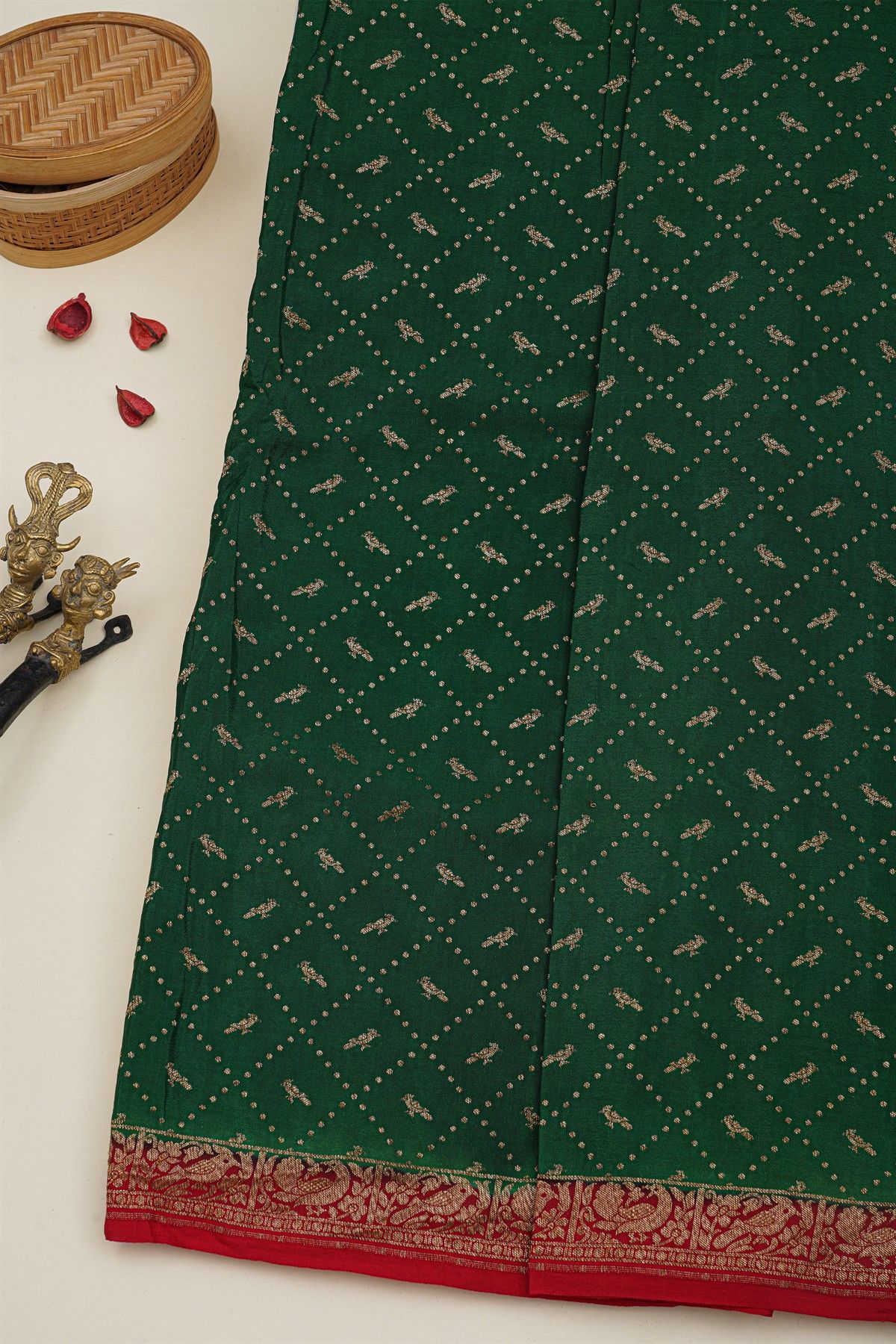 Banarasi Kaddi Georgette Bottle Green Saree With Birds In Cross Checks Body