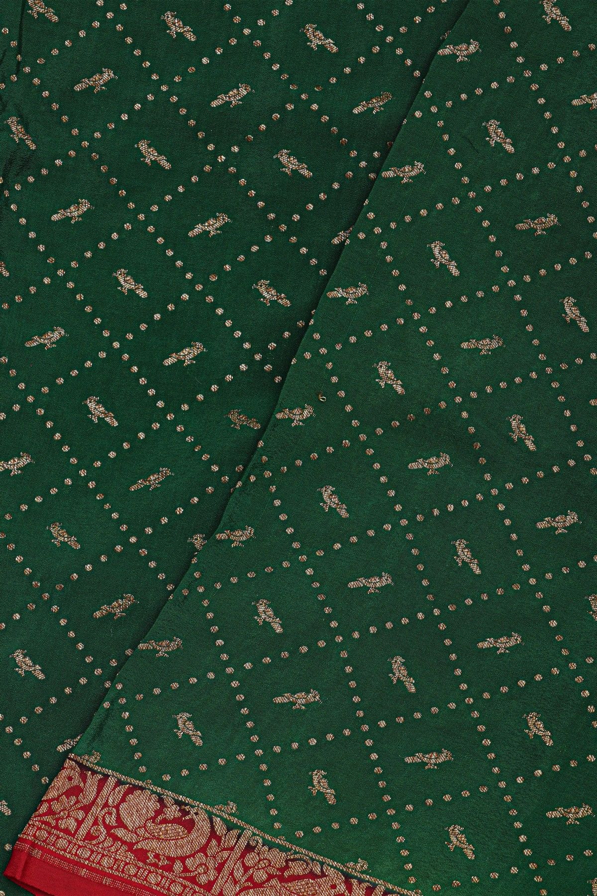 Banarasi Kaddi Georgette Bottle Green Saree With Birds In Cross Checks Body