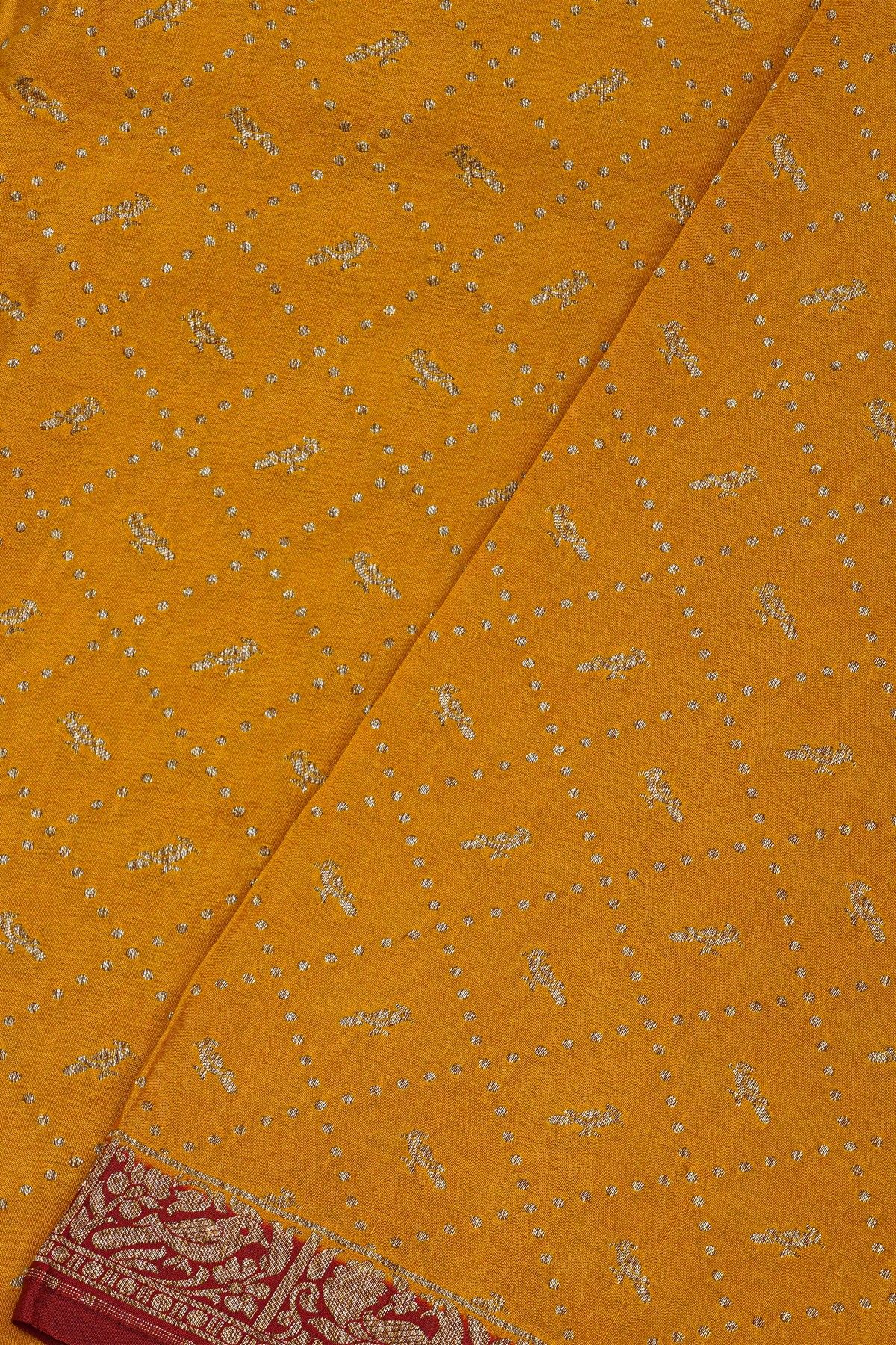 Banarasi Kaddi Georgette Yellow Saree With Birds In Cross Checks Body