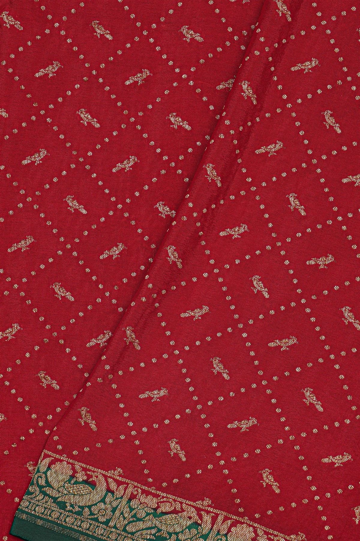 Banarasi Kaddi Georgette Red Saree With Birds In Cross Checks Body