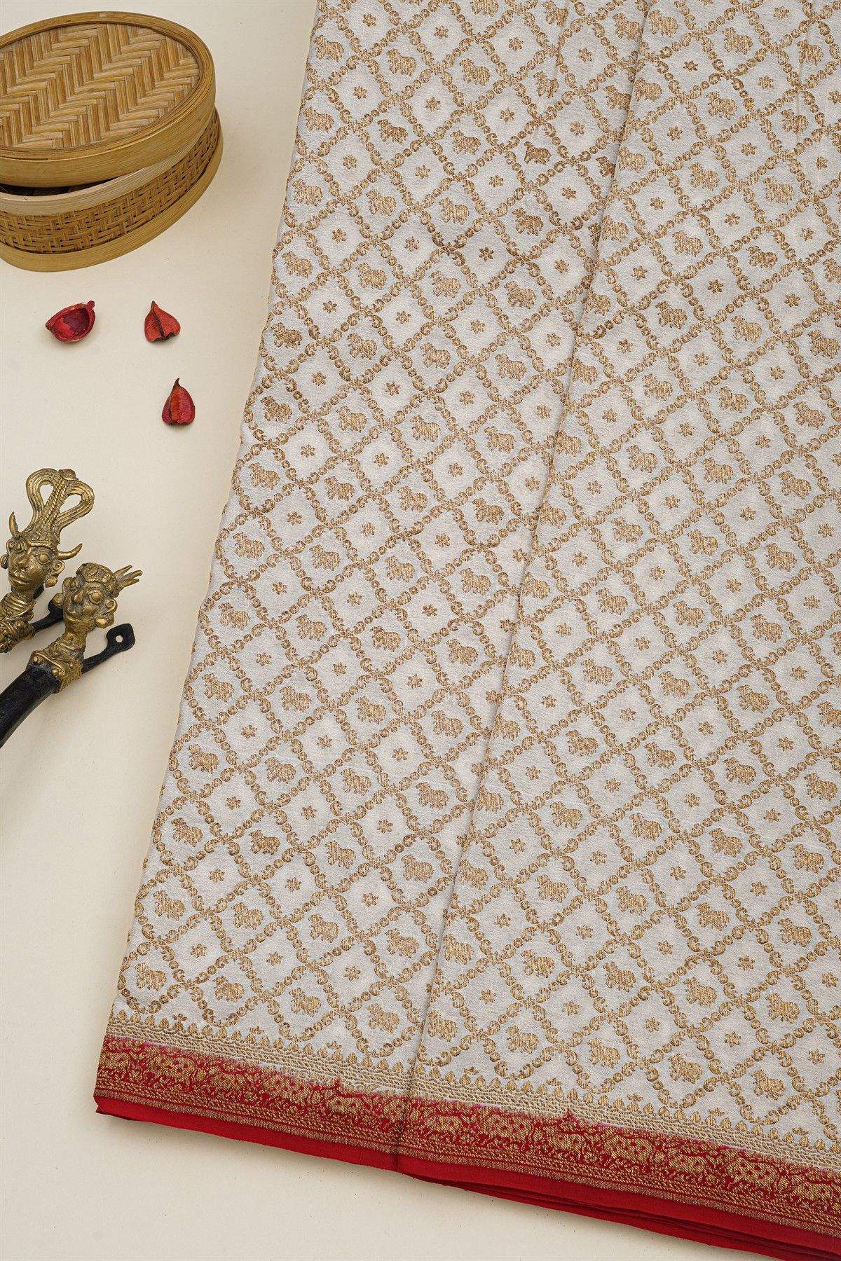 Banarasi Kaddi Georgette Off White Saree With Florals And Pichwai Cows In Cross Checks Body
