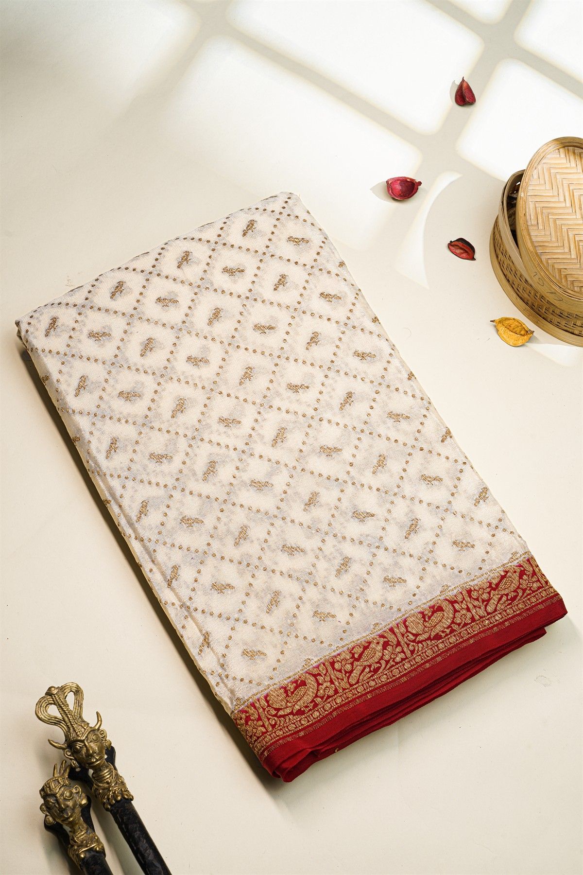 Banarasi Kaddi Georgette Off White Saree With Peacocks In Cross Checks Body