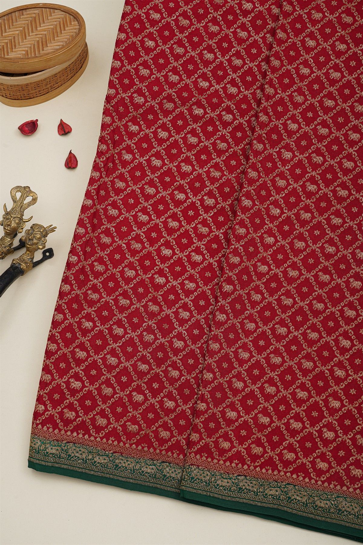 Banarasi Kaddi Georgette Red Saree With Florals And Pichwai Cows In Cross Checks Body