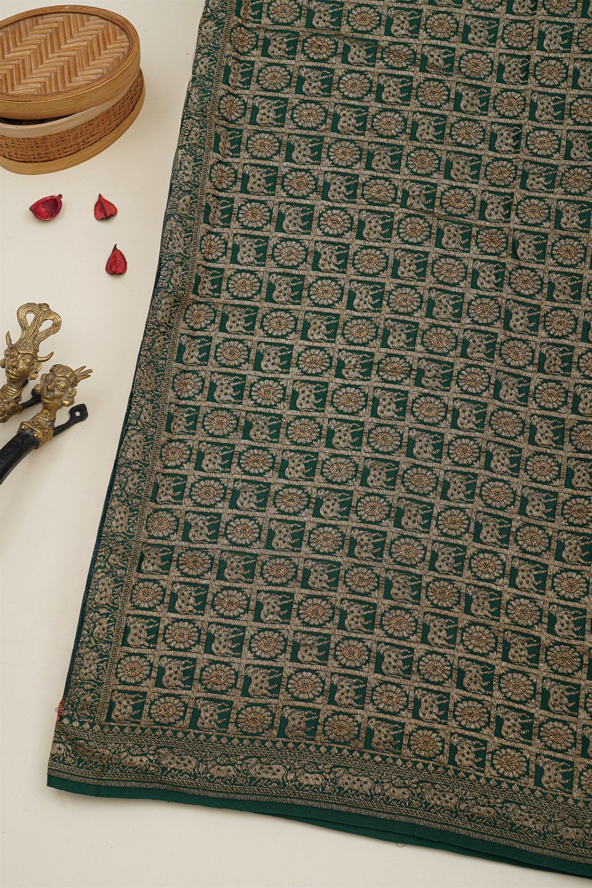 Banarasi Kaddi Georgette Red Saree With Florals And Pichwai Cows In Cross Checks Body
