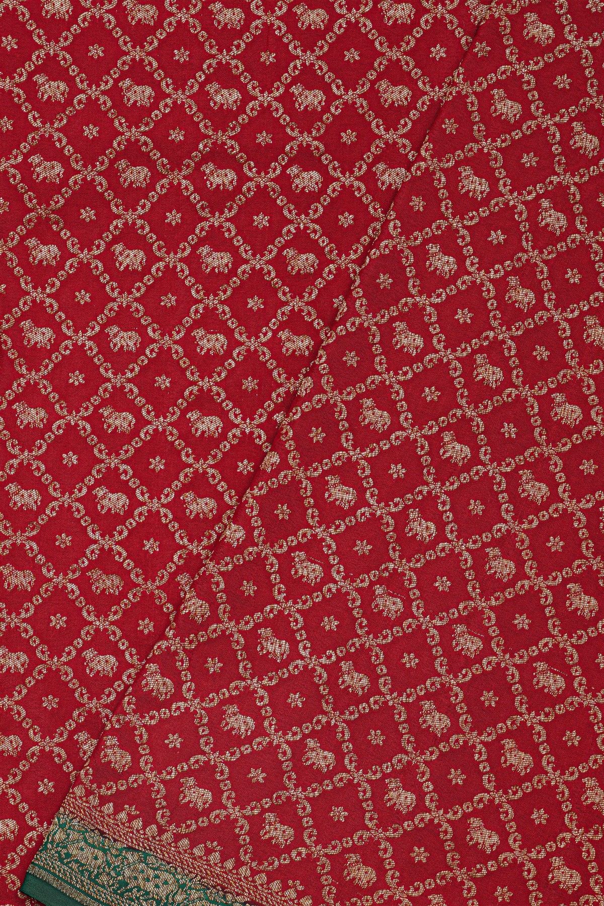 Banarasi Kaddi Georgette Red Saree With Florals And Pichwai Cows In Cross Checks Body