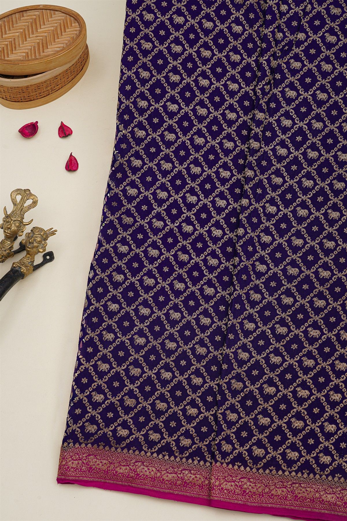 Banarasi Kaddi Georgette Navy Blue Saree With Florals And Pichwai Cows In Cross Checks Body