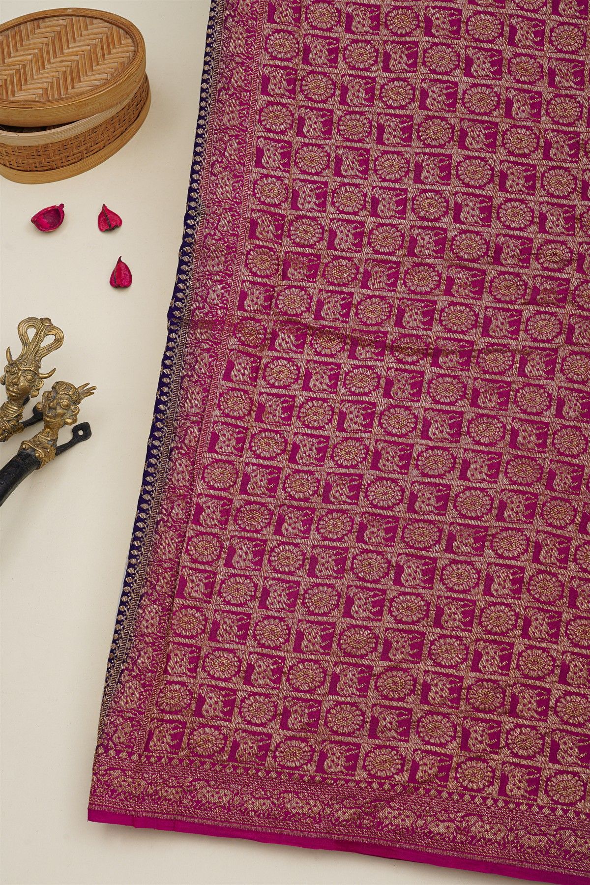 Banarasi Kaddi Georgette Navy Blue Saree With Florals And Pichwai Cows In Cross Checks Body