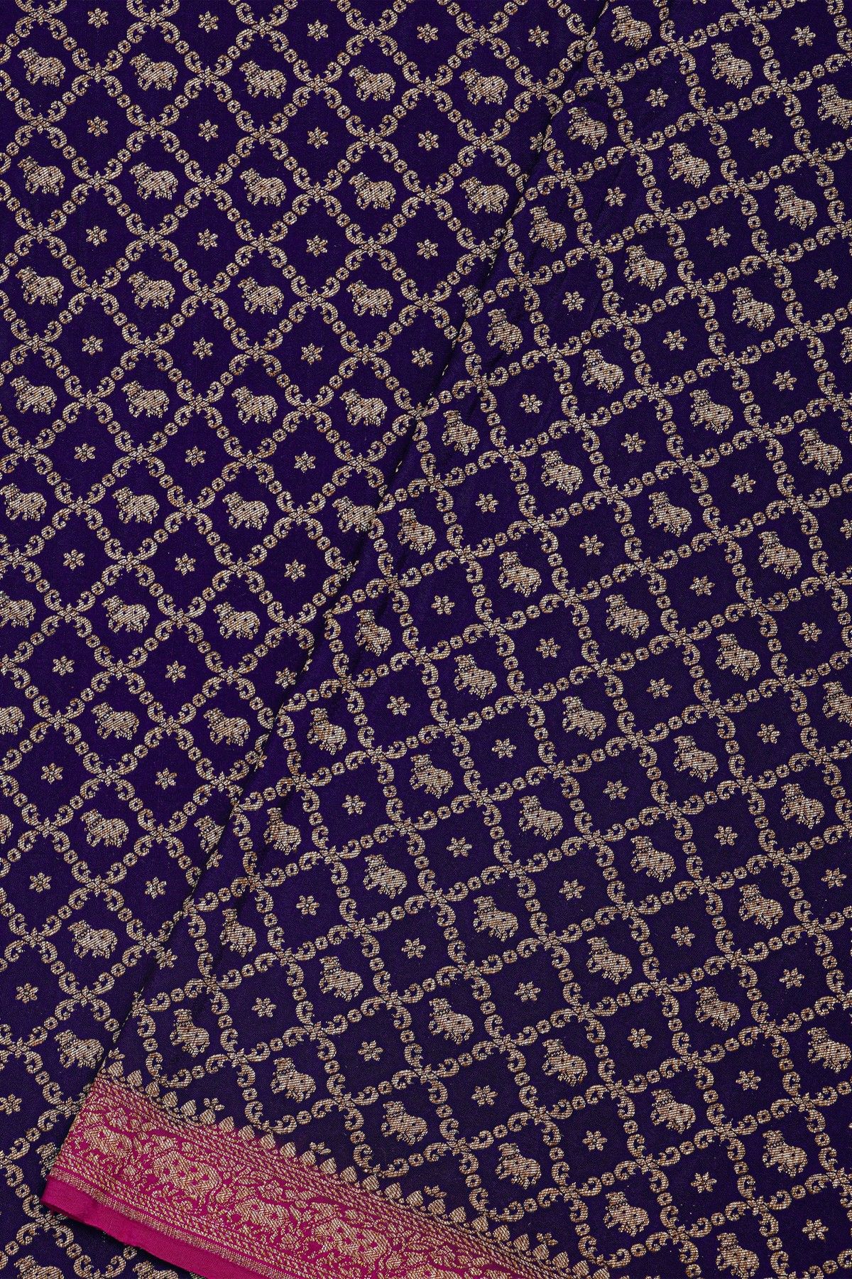 Banarasi Kaddi Georgette Navy Blue Saree With Florals And Pichwai Cows In Cross Checks Body