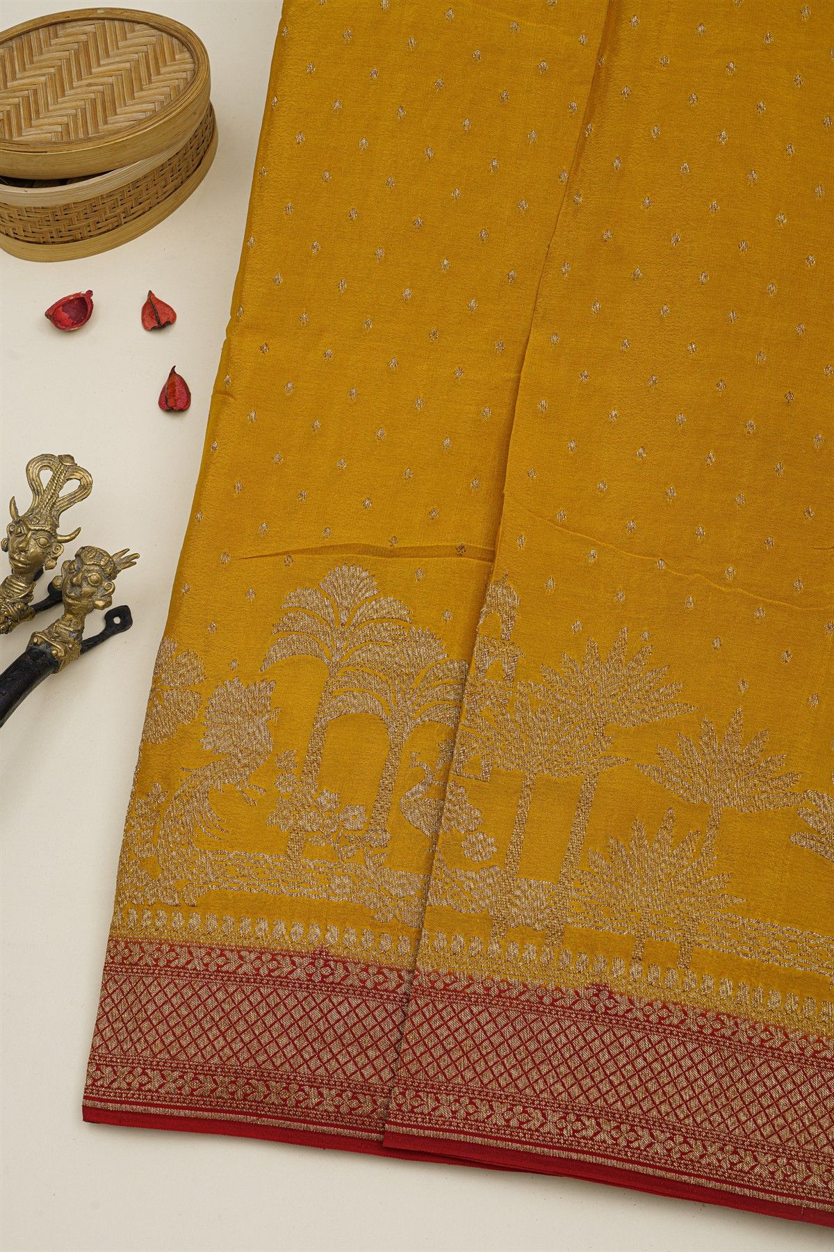 Banarasi Kaddi Georgette Mustard Saree With Florals And Peacocks Body