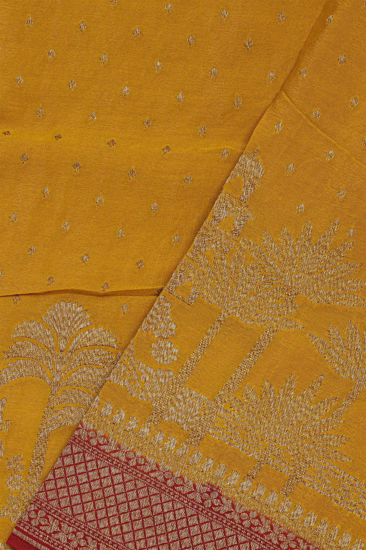 Banarasi Kaddi Georgette Mustard Saree With Florals And Peacocks Body
