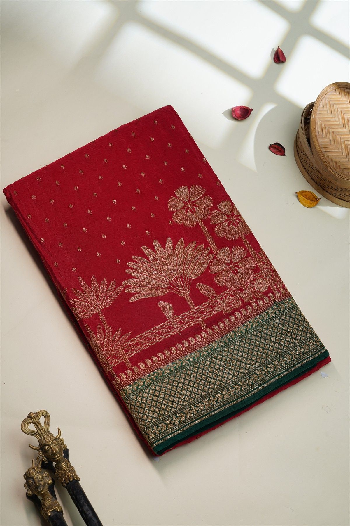 Banarasi Kaddi Georgette Red Saree With Florals And Peacocks Body