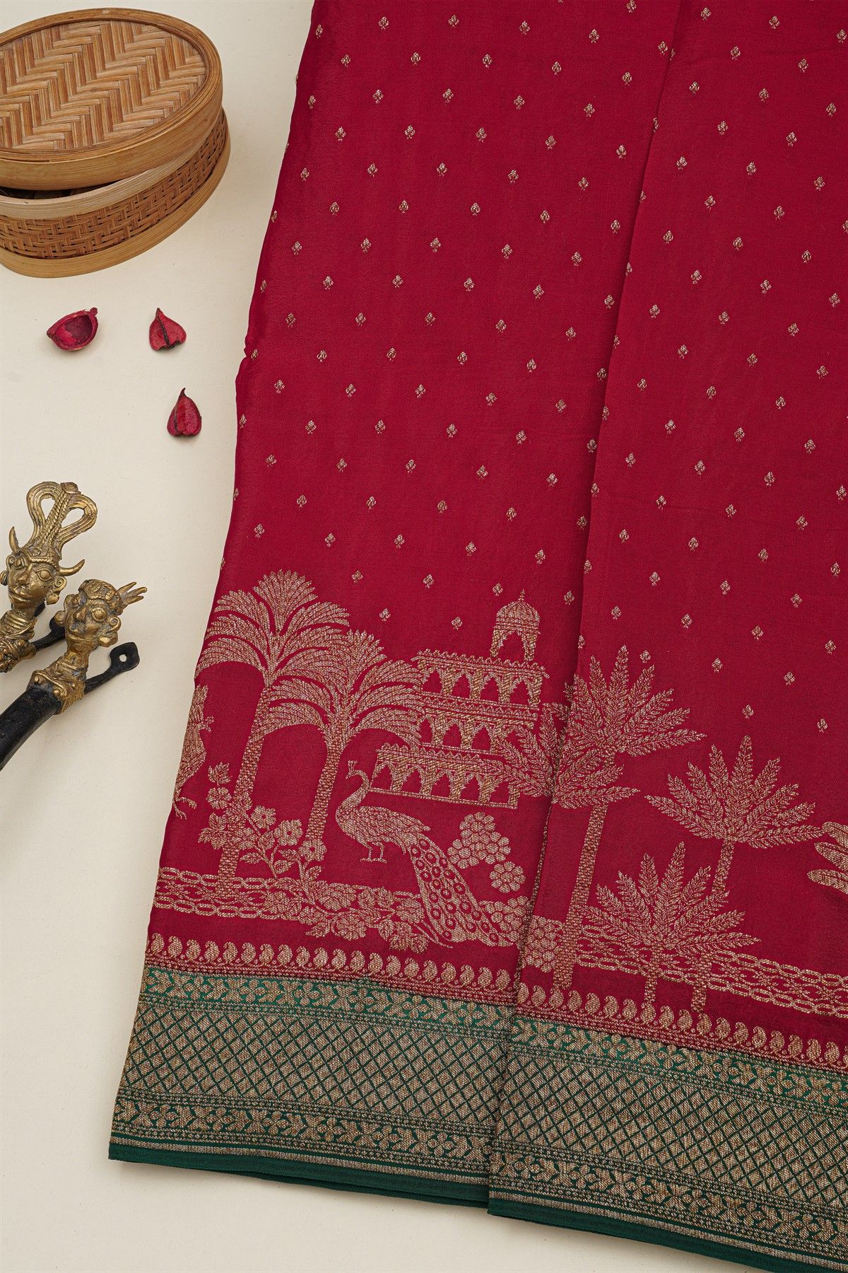Banarasi Kaddi Georgette Red Saree With Florals And Peacocks Body