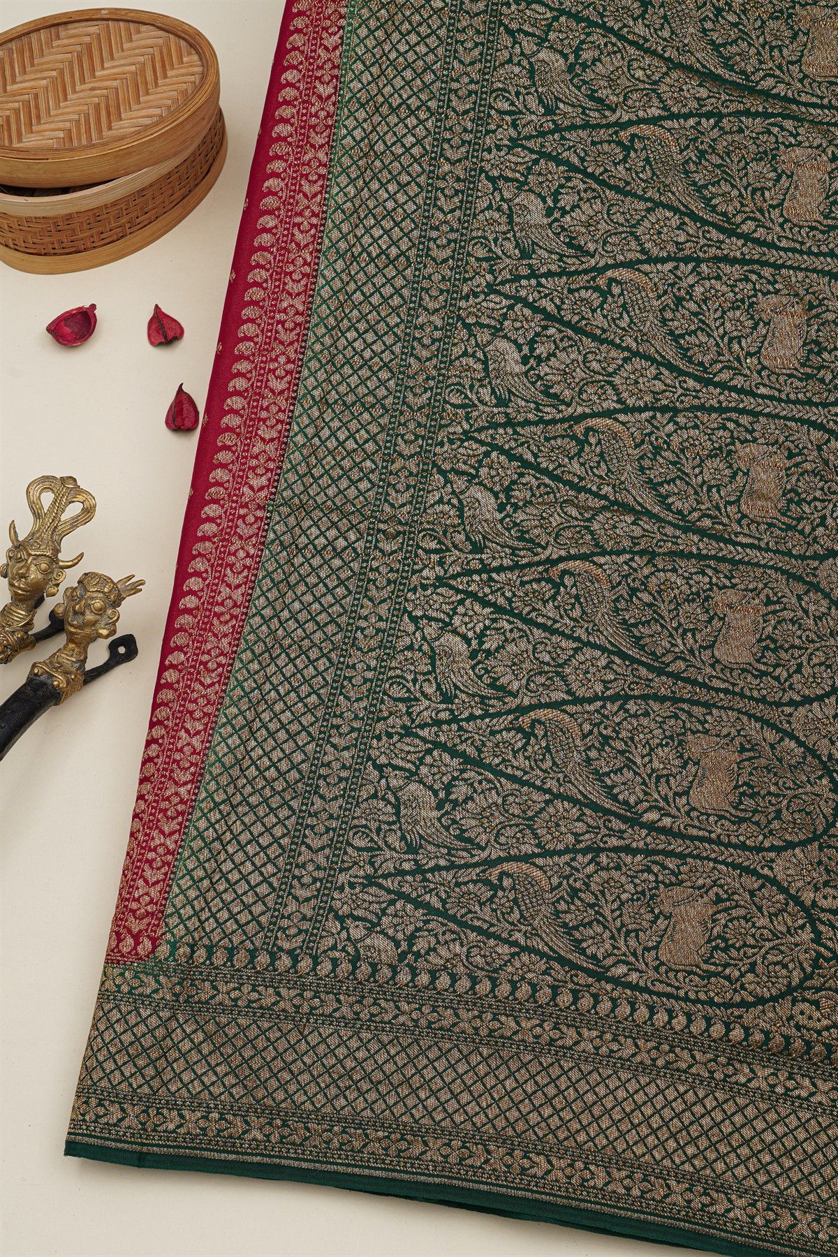 Banarasi Kaddi Georgette Red Saree With Florals And Peacocks Body