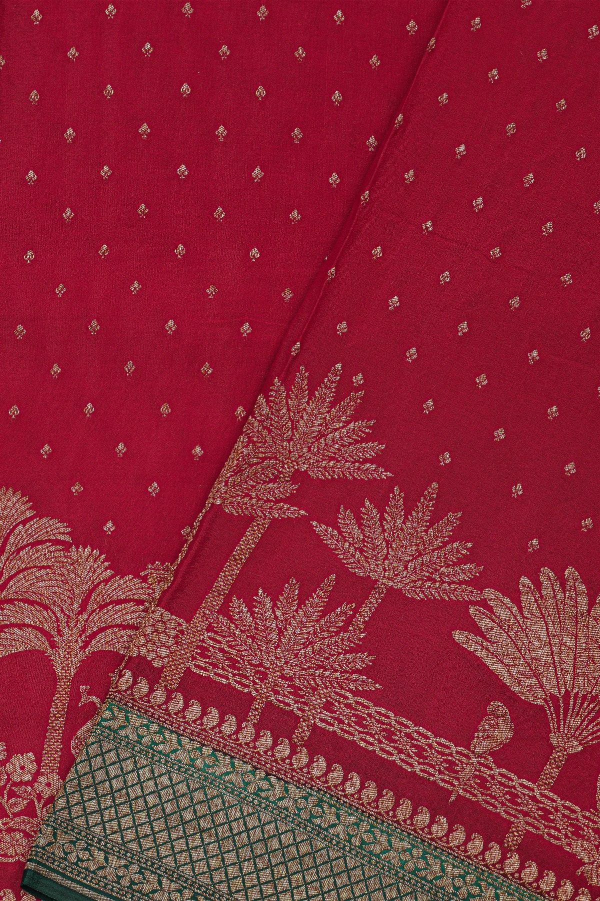 Banarasi Kaddi Georgette Red Saree With Florals And Peacocks Body