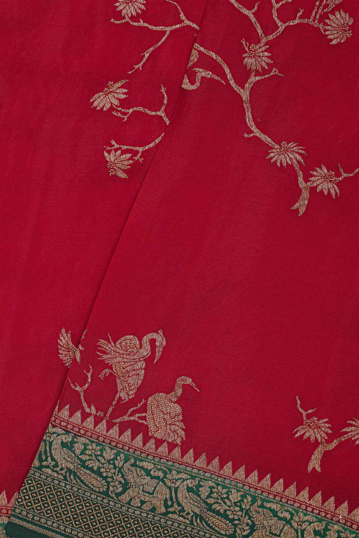 Banarasi Kaddi Georgette Magenta Saree With Florals And Cranes Body
