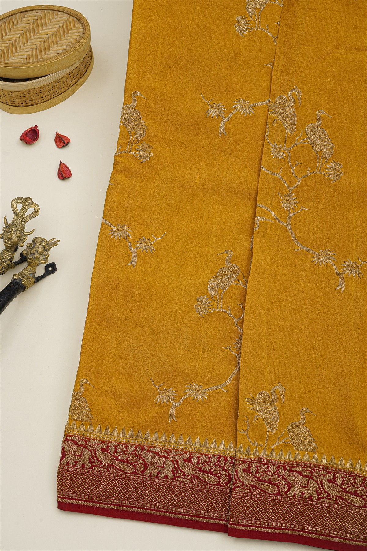 Banarasi Kaddi Georgette Mustard Saree With Florals And Cranes Body