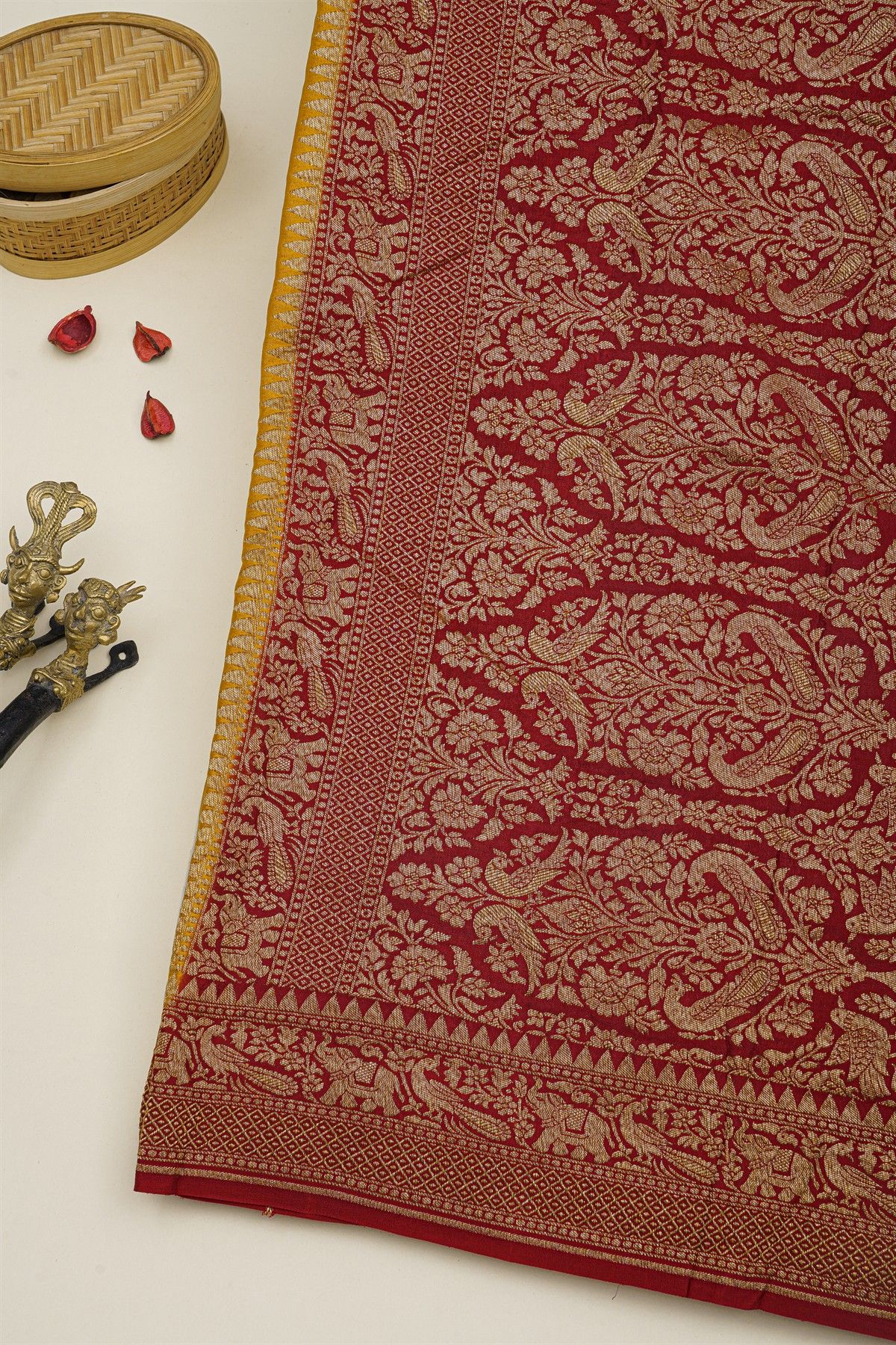 Banarasi Kaddi Georgette Mustard Saree With Florals And Cranes Body