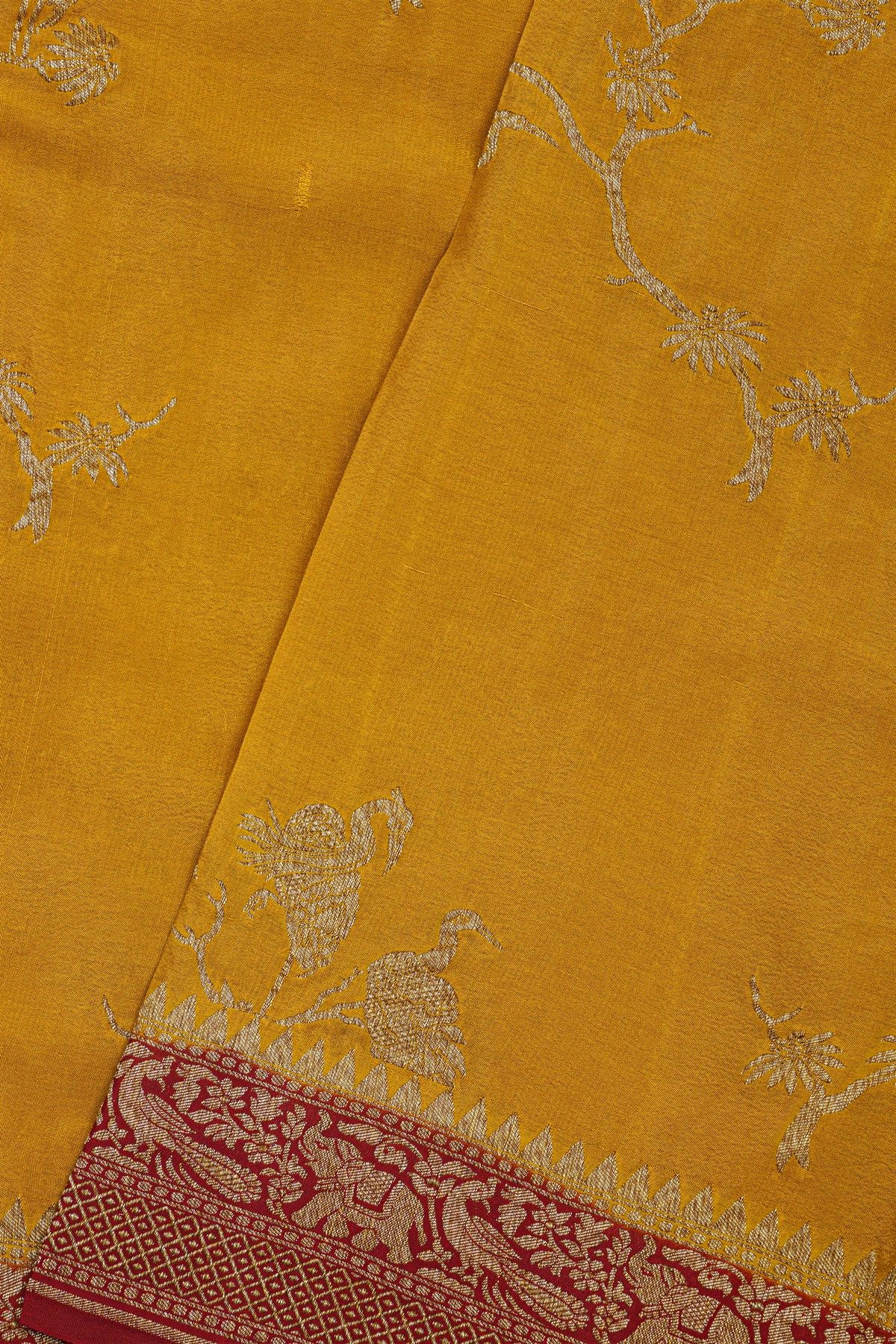 Banarasi Kaddi Georgette Mustard Saree With Florals And Cranes Body
