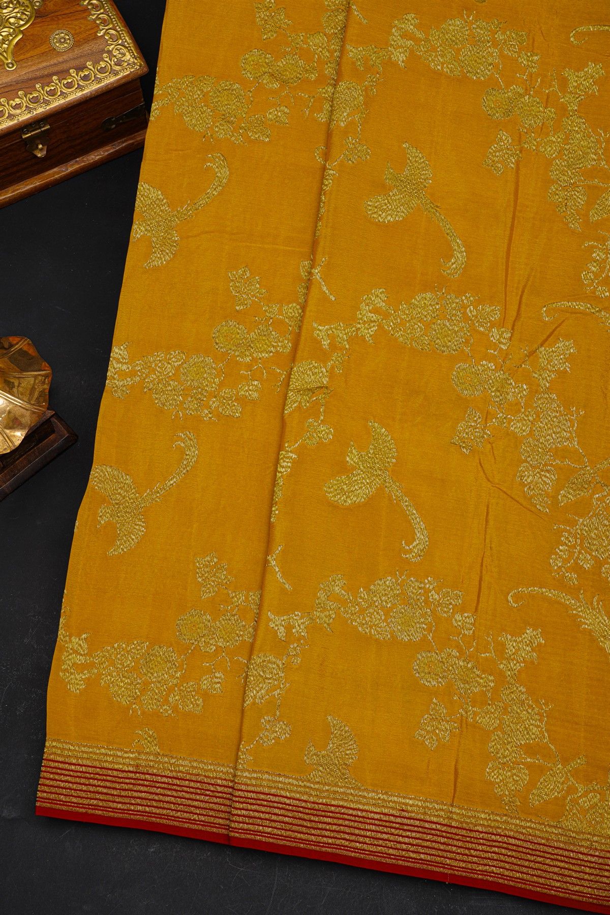 Fancy Georgette Yellow Saree With Florals And Leaves With Birds Body And Contrast Kaddi Border