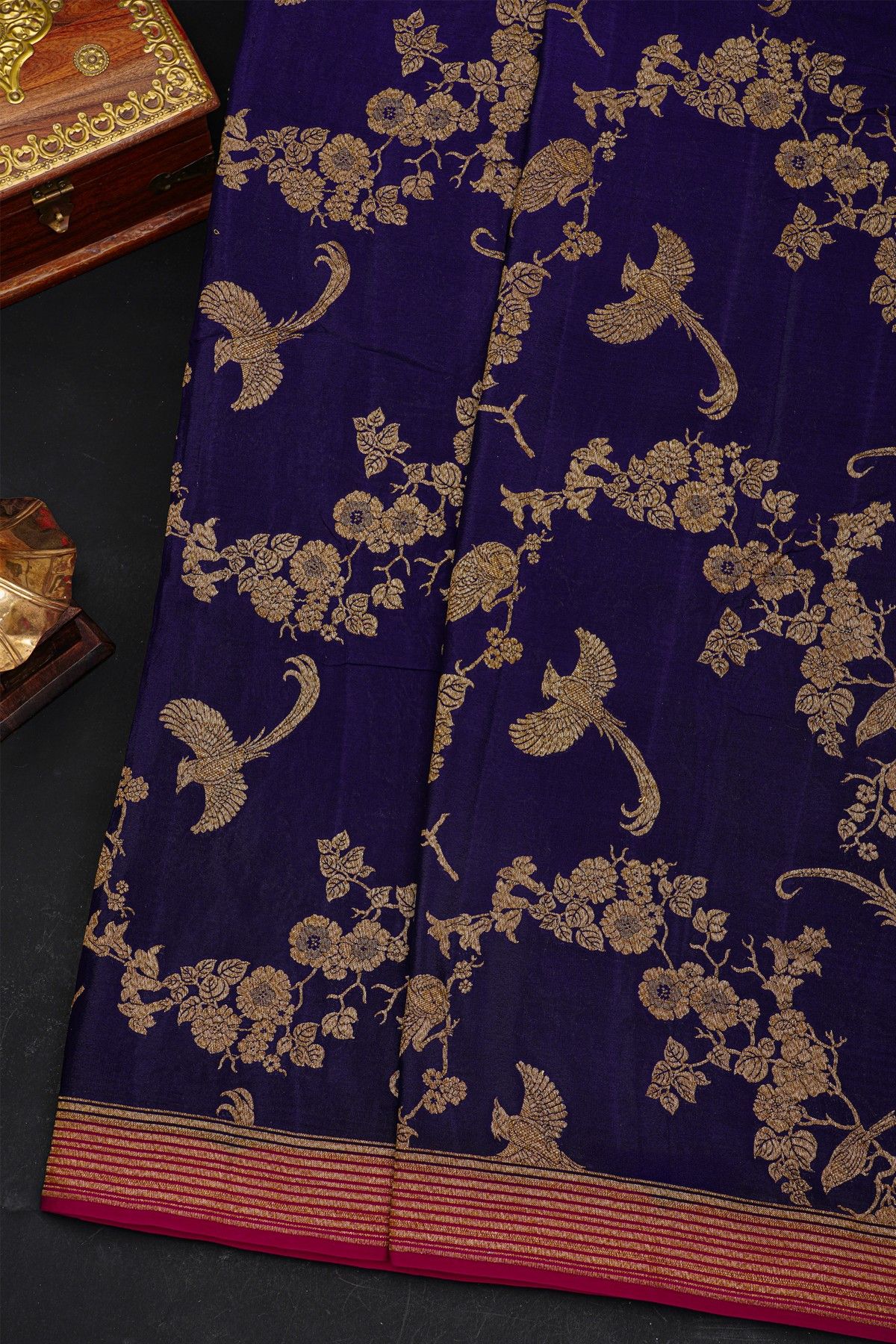Fancy Georgette Navy Blue Saree With Florals And Leaves With Birds Body And Contrast Kaddi Border