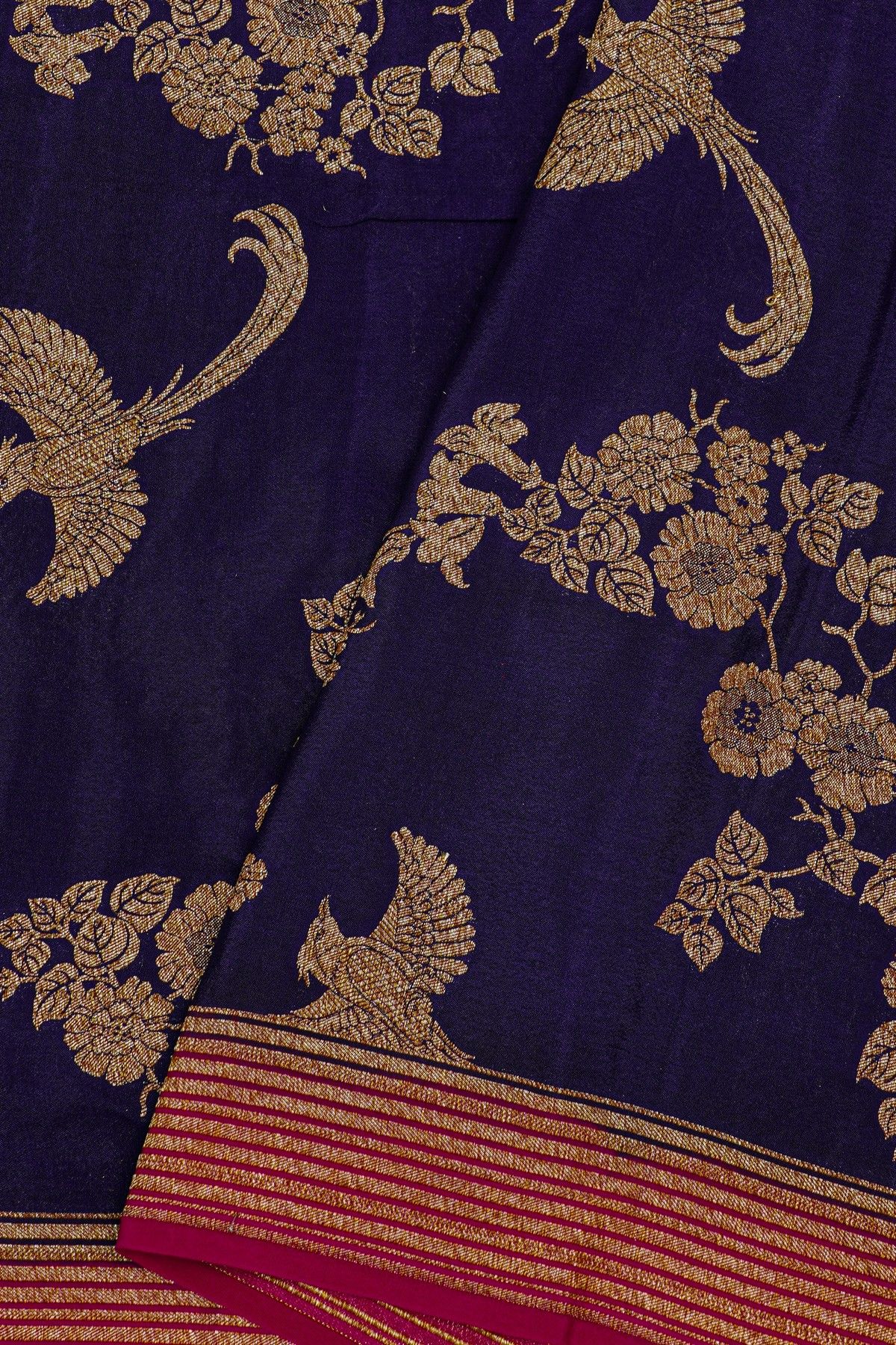 Fancy Georgette Navy Blue Saree With Florals And Leaves With Birds Body And Contrast Kaddi Border