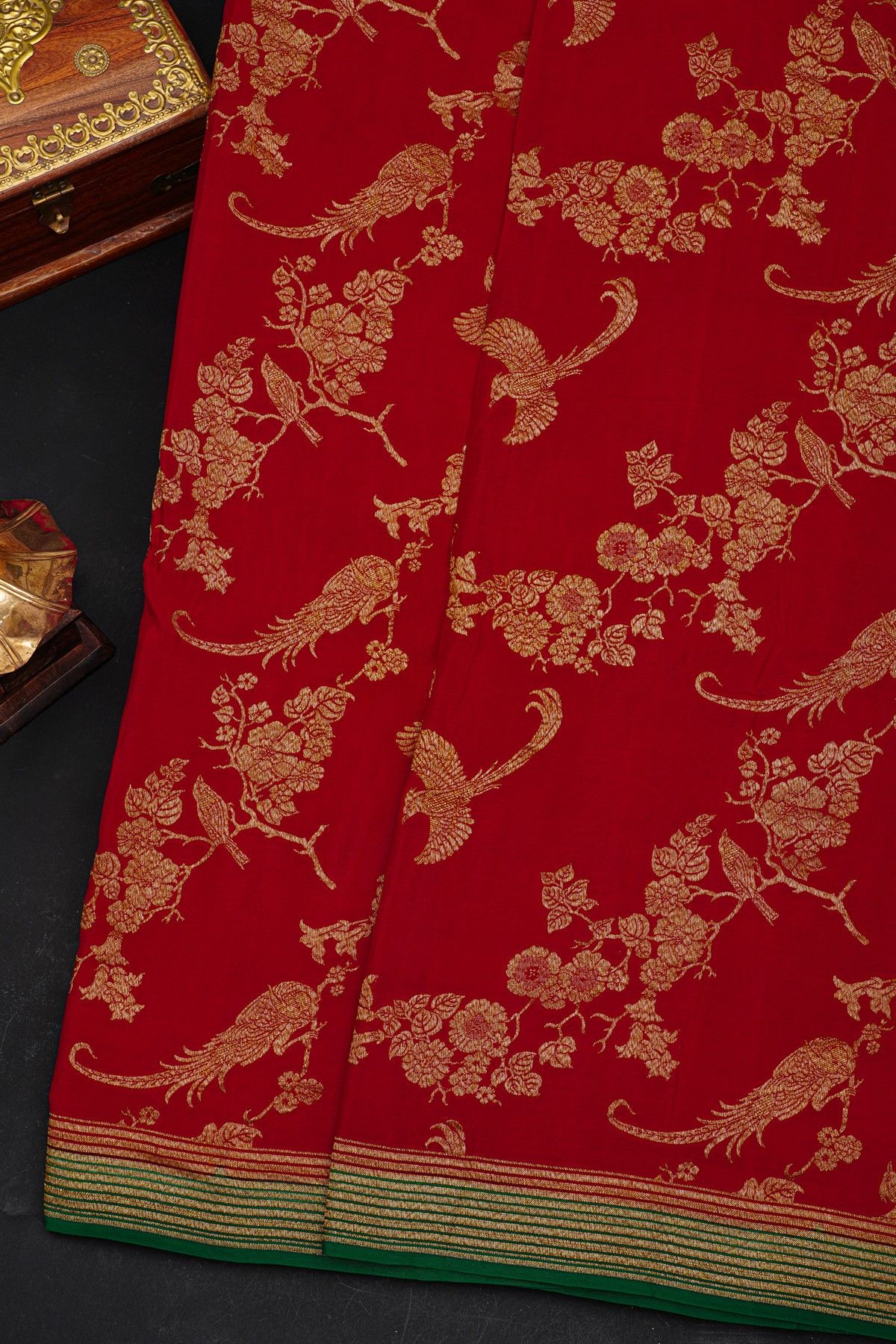 Fancy Georgette Red Saree With Florals And Leaves With Birds Body And Contrast Kaddi Border