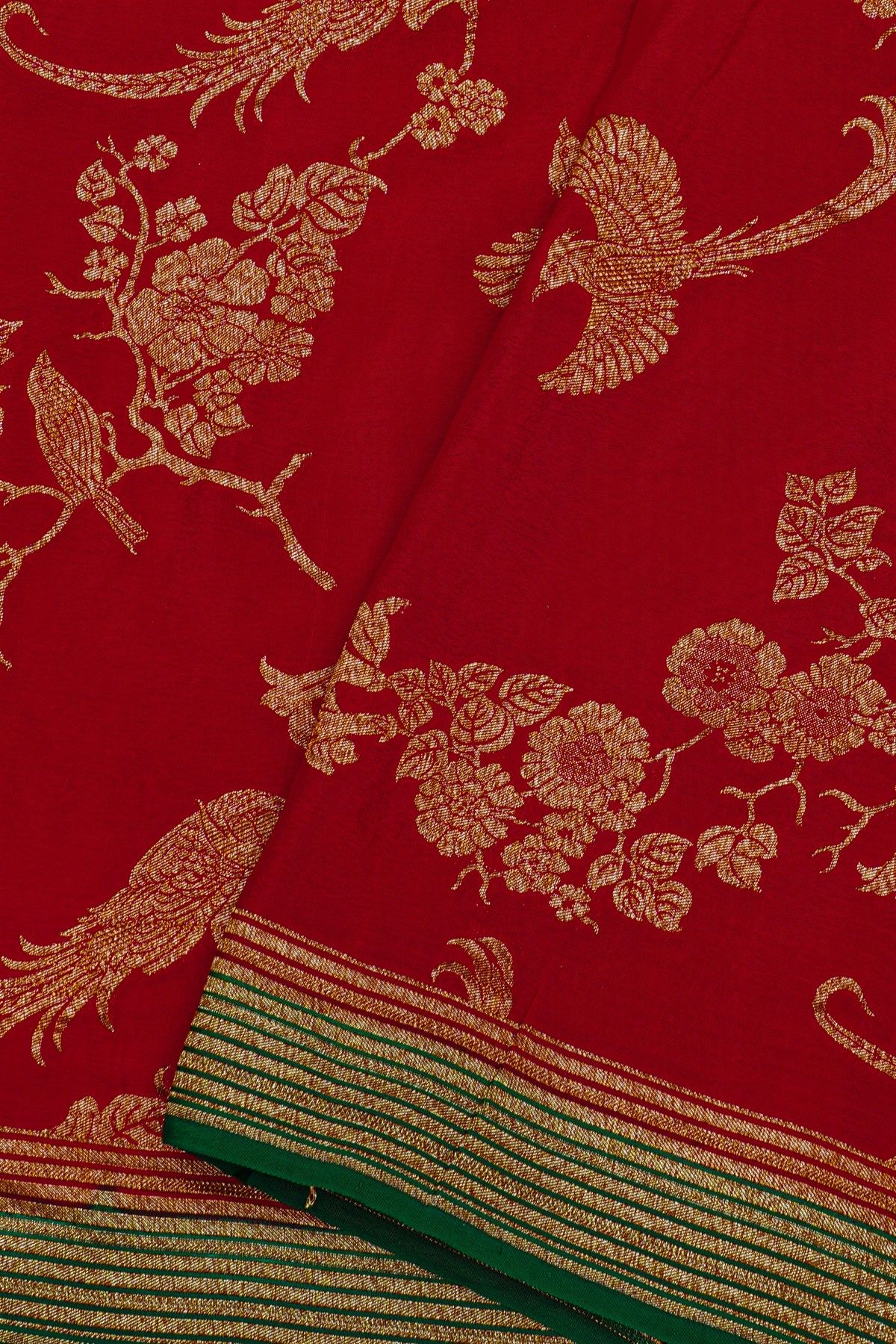 Fancy Georgette Red Saree With Florals And Leaves With Birds Body And Contrast Kaddi Border