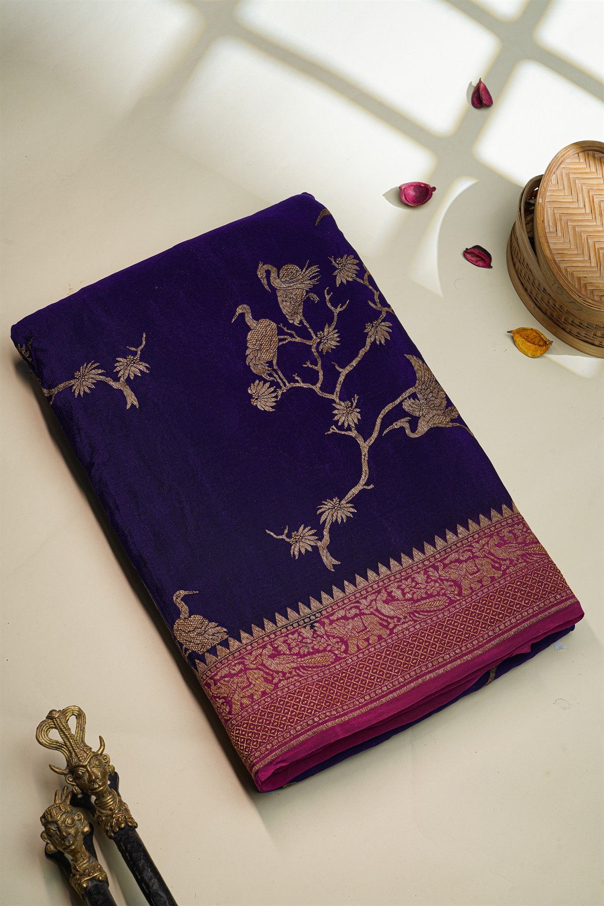 Banarasi Georgette Navy Blue Saree With Florals And Cranes Body