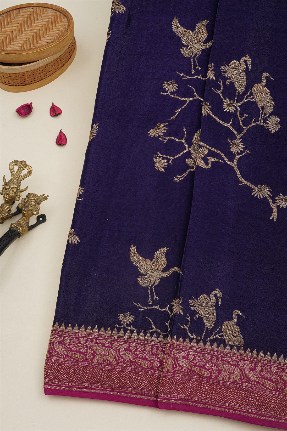 Banarasi Georgette Navy Blue Saree With Florals And Cranes Body