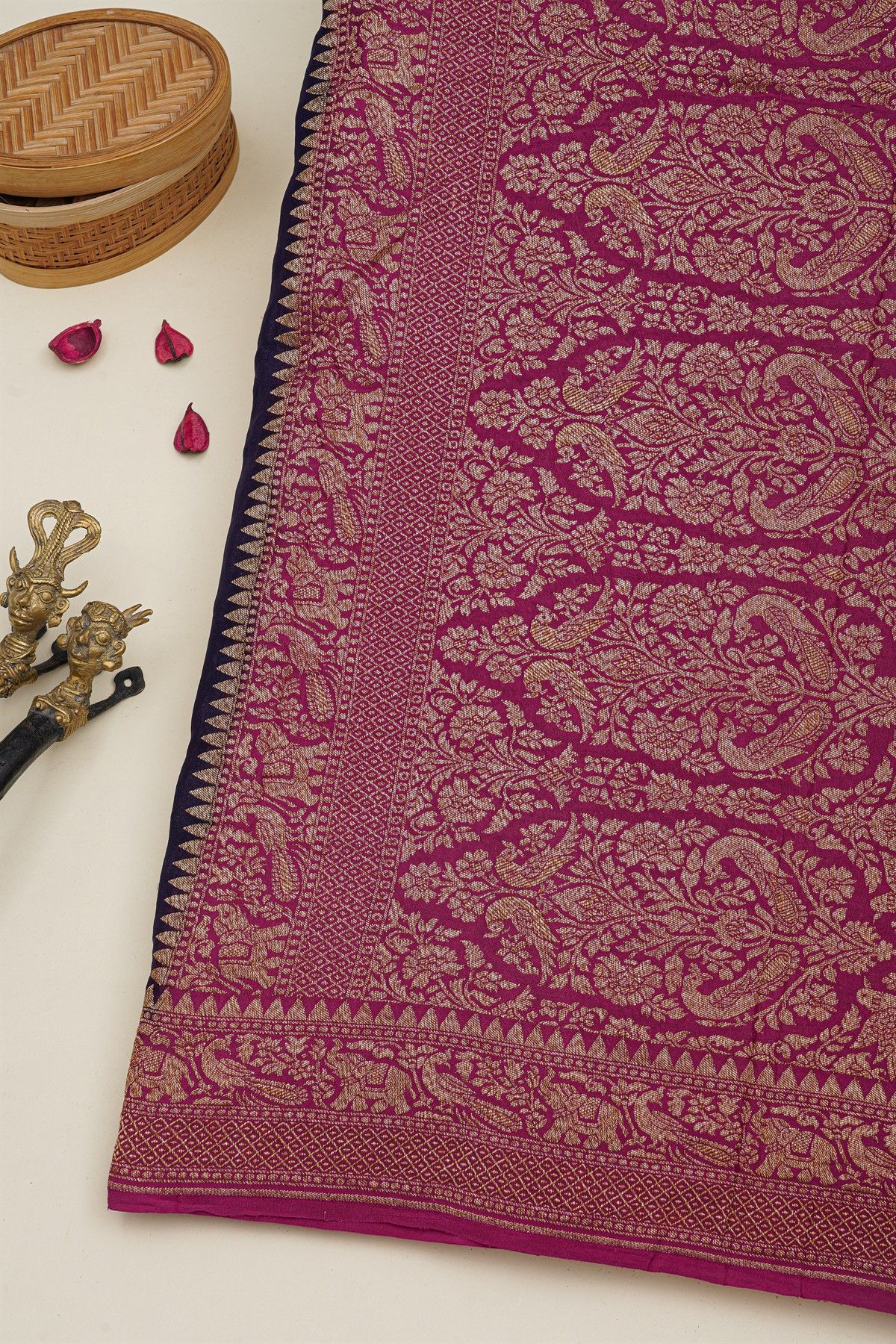 Banarasi Georgette Navy Blue Saree With Florals And Cranes Body