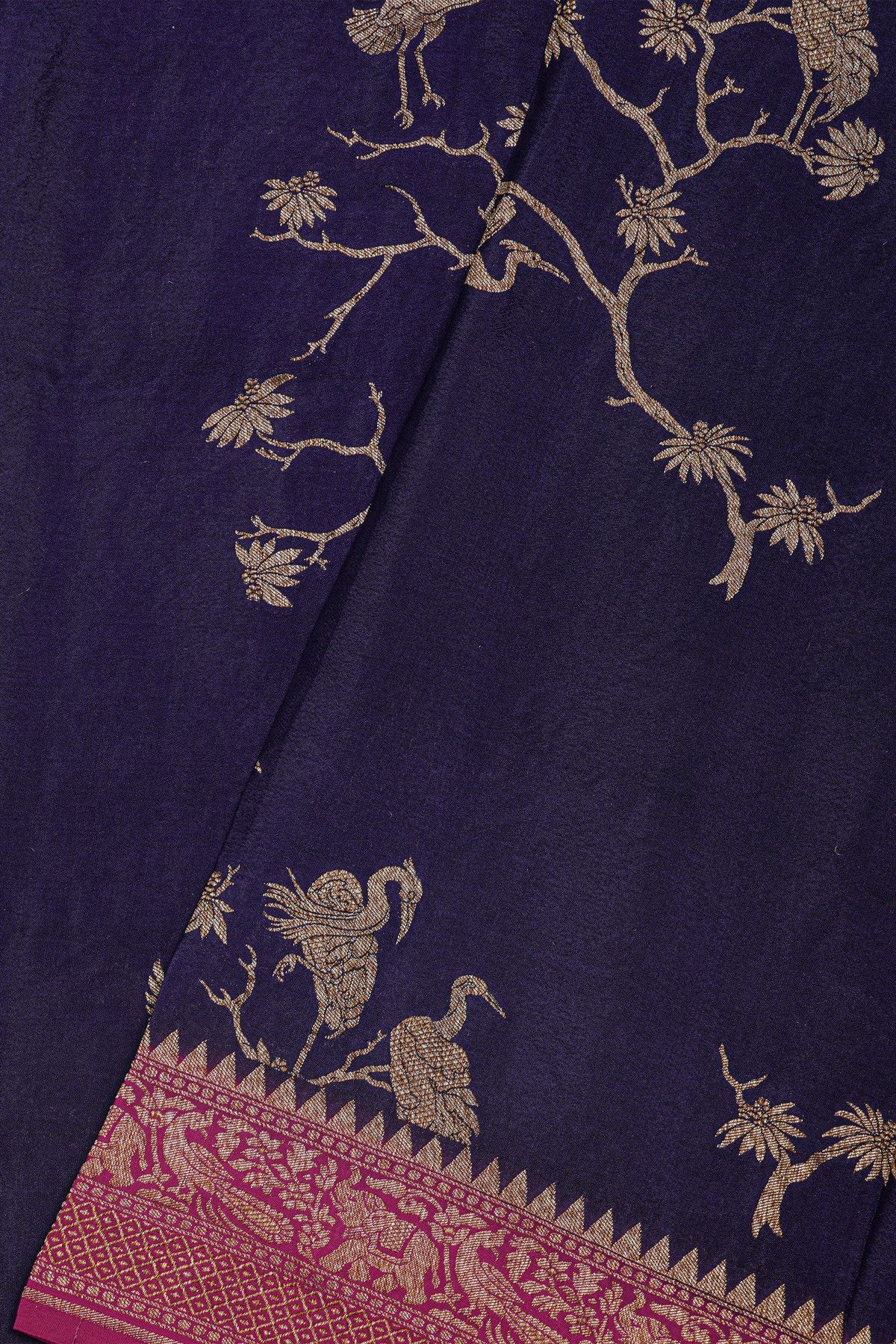 Banarasi Georgette Navy Blue Saree With Florals And Cranes Body