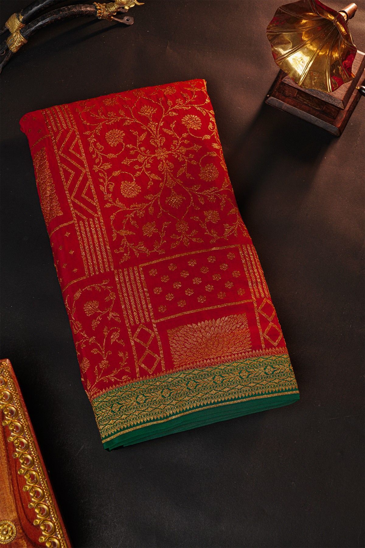 Fancy Georgette Red Saree With Florals And Leaves With Birds Body And Contrast Kaddi Border