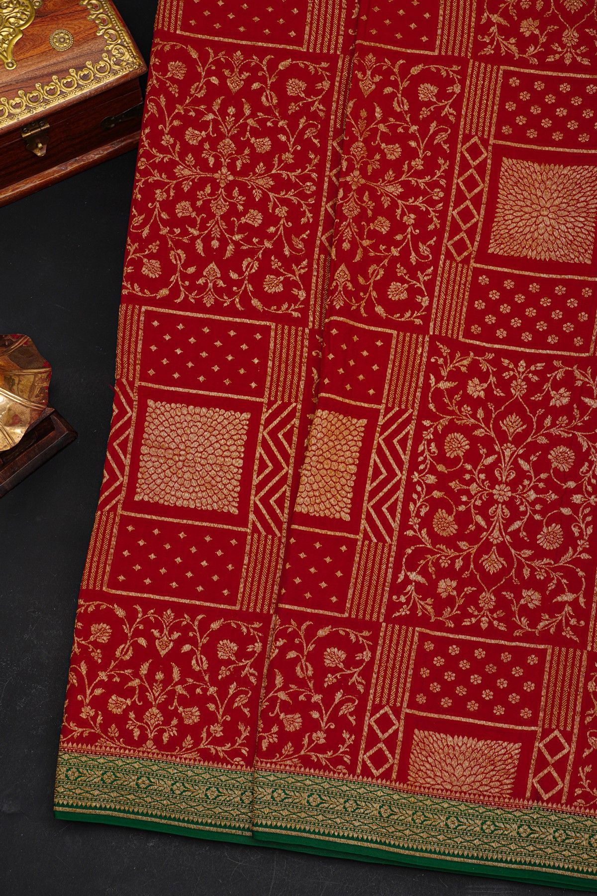 Fancy Georgette Red Saree With Florals And Leaves With Birds Body And Contrast Kaddi Border