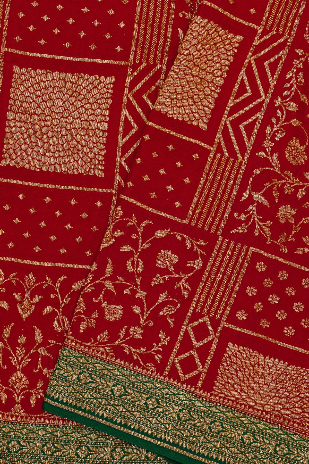 Fancy Georgette Red Saree With Florals And Leaves With Birds Body And Contrast Kaddi Border