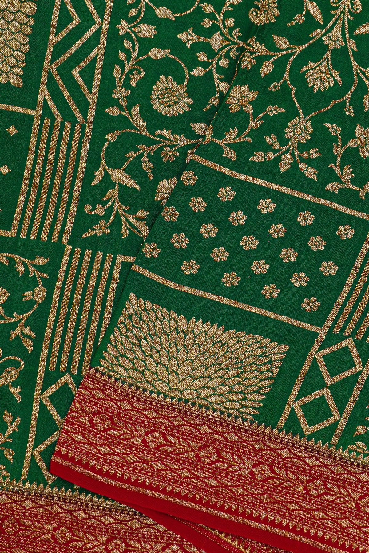 Fancy Georgette Bottle Green Saree With Florals And Leaves Body And Contrast Florals And Leaves Border