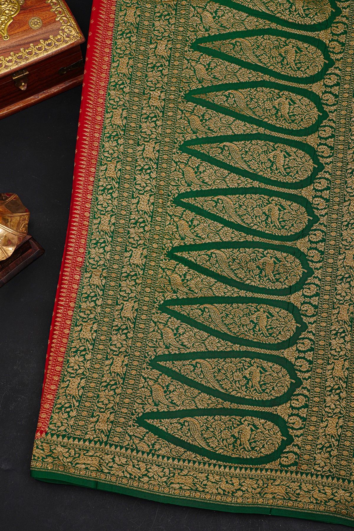 Fancy Georgette Red Saree With Florals And Buttis Body And Contrast Florals And Leaves With Animals And Birds Border