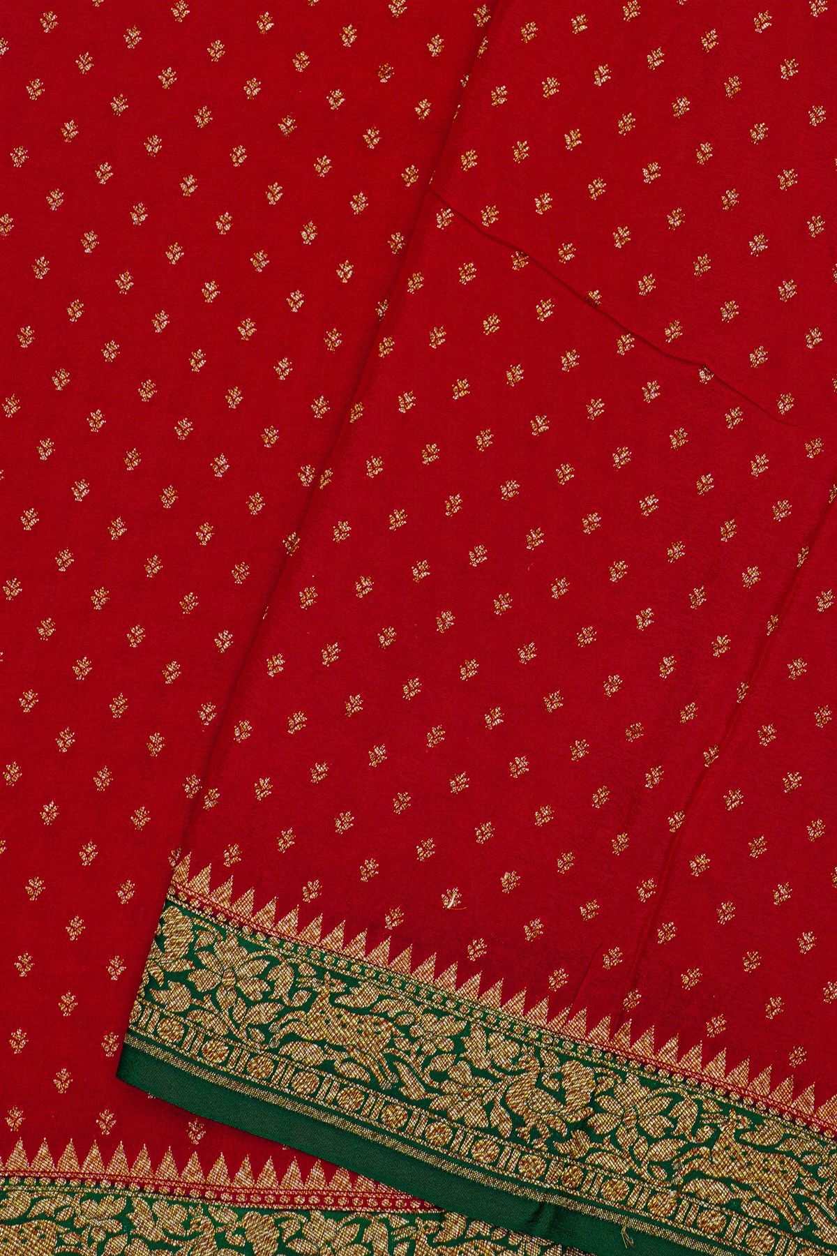 Fancy Georgette Red Saree With Florals And Buttis Body And Contrast Florals And Leaves With Animals And Birds Border