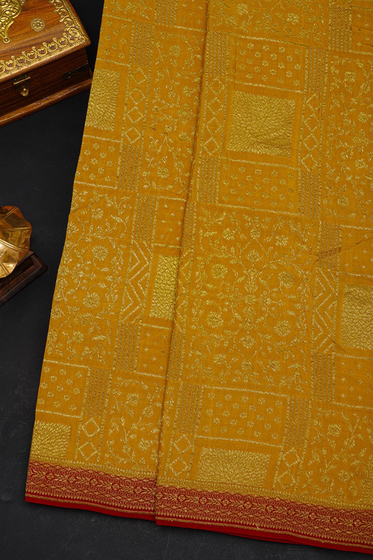 Fancy Georgette Yellow Saree With Florals And Leaves Body And Contrast Florals And Leaves Border