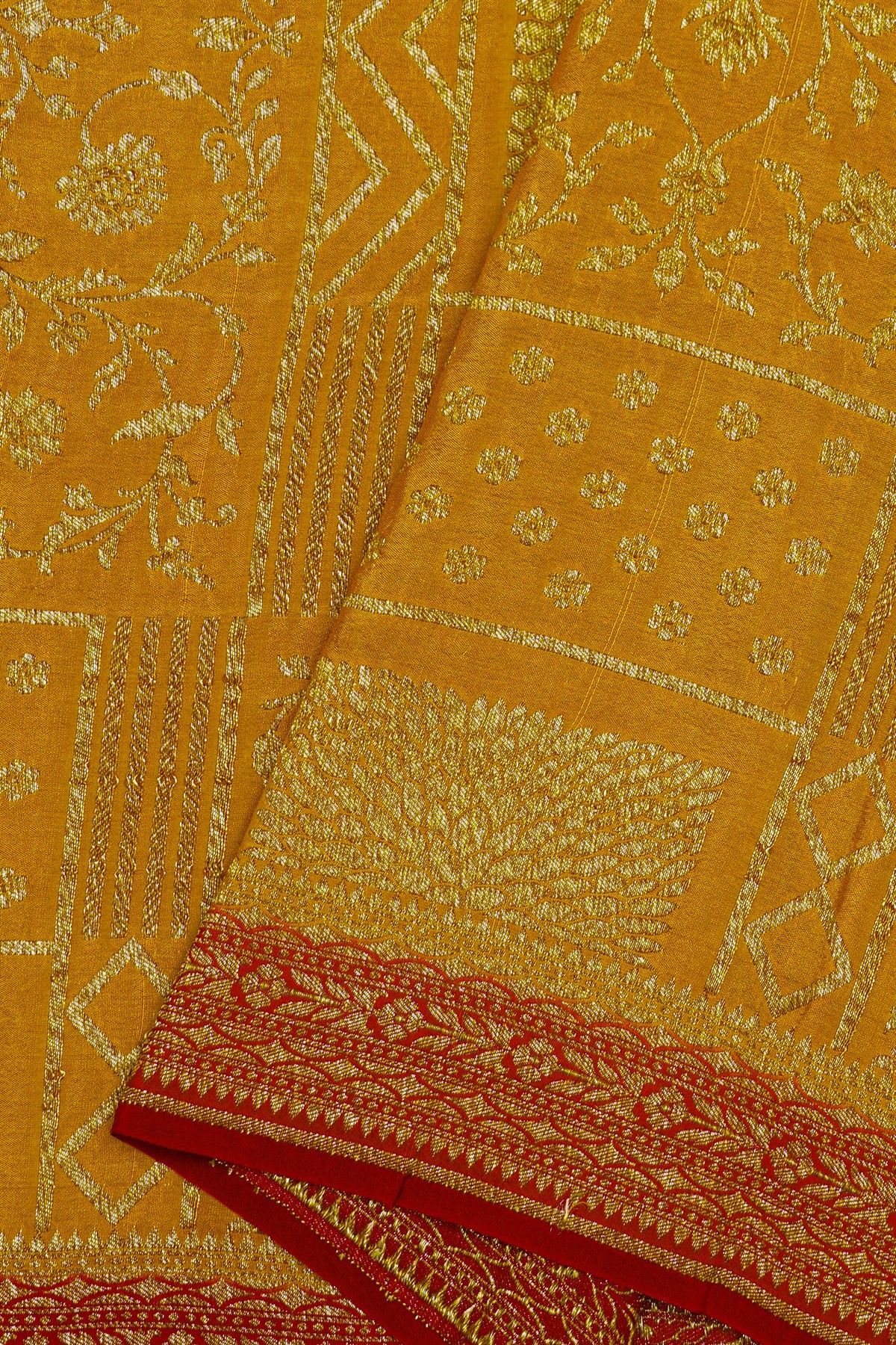 Fancy Georgette Yellow Saree With Florals And Leaves Body And Contrast Florals And Leaves Border