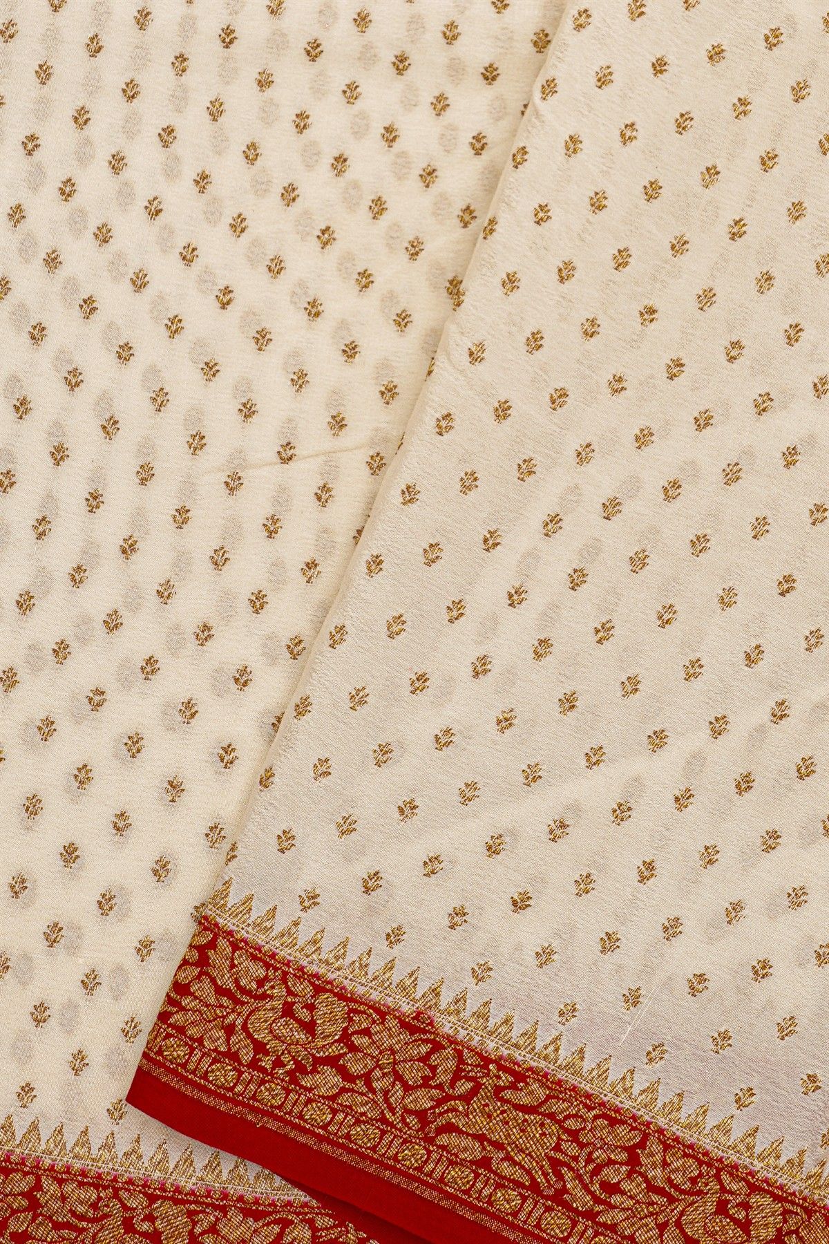Fancy Georgette Off White Saree With Florals And Leaves Body And Contrast Florals And Leaves With Birds Border
